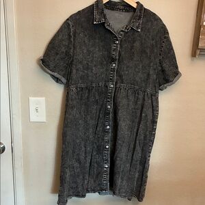 Black Acid Wash Denim Button-Up Dress